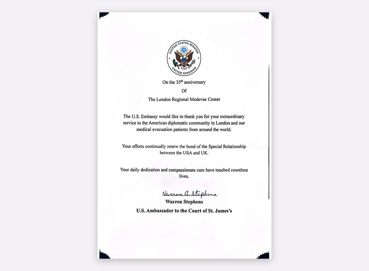Certificate of Appreciation from the U.S. Embassy in London